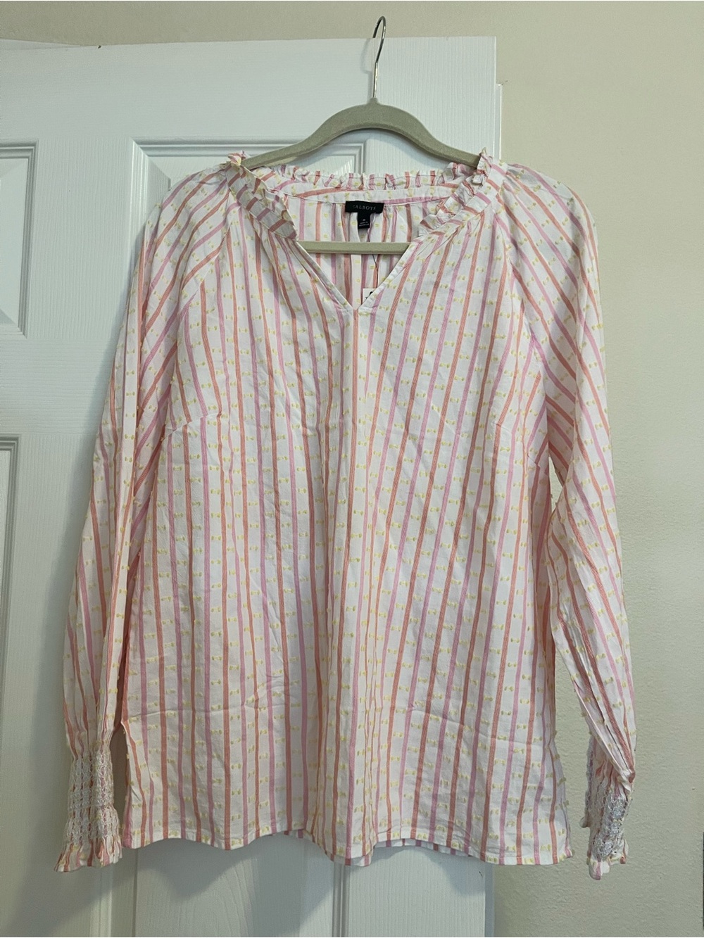 Talbots Striped Ruffle Neck Blouse Size M NWT